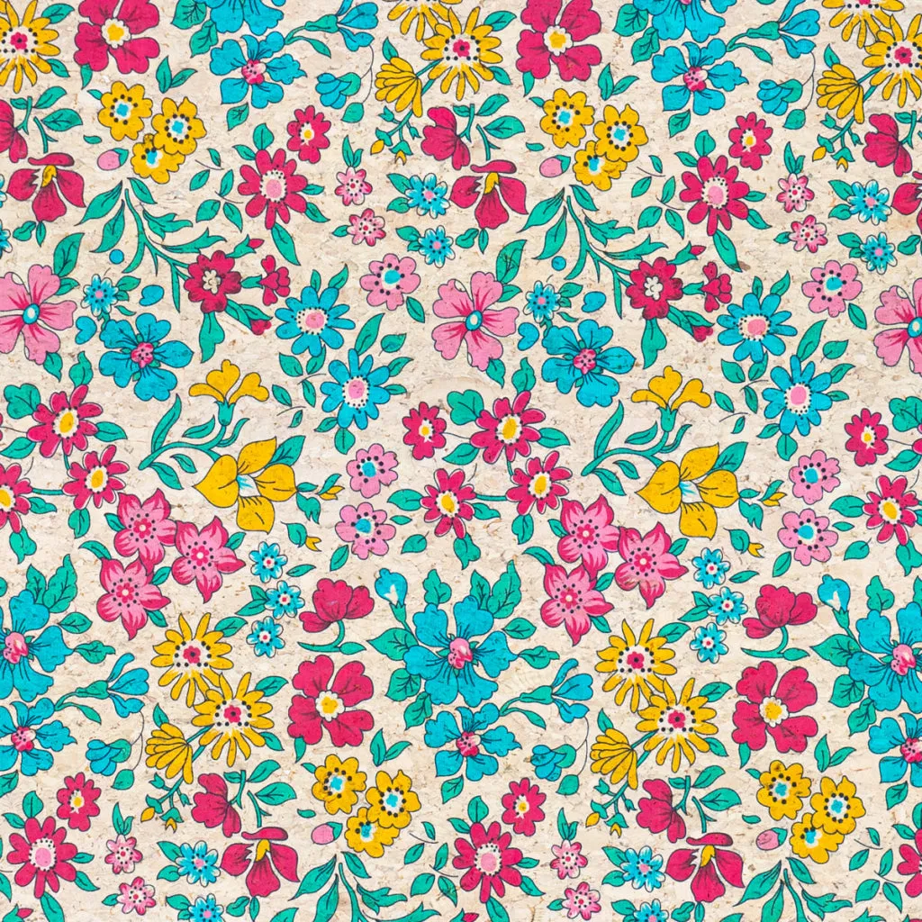 Printed Cork Fabric with Bright Floral Vine Pattern COF-563