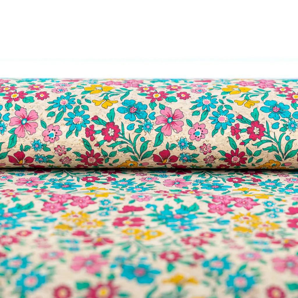 Printed Cork Fabric with Bright Floral Vine Pattern COF-563