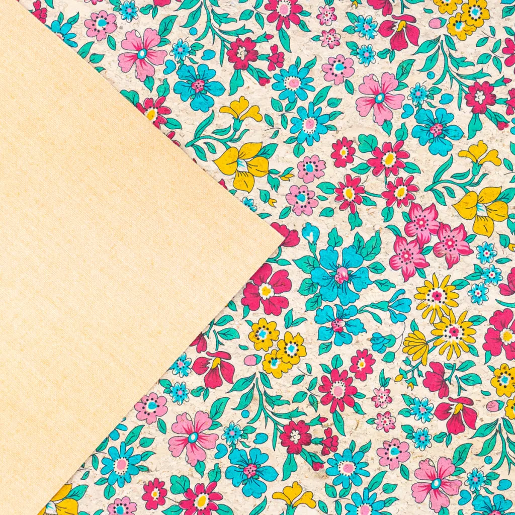 Printed Cork Fabric with Bright Floral Vine Pattern COF-563