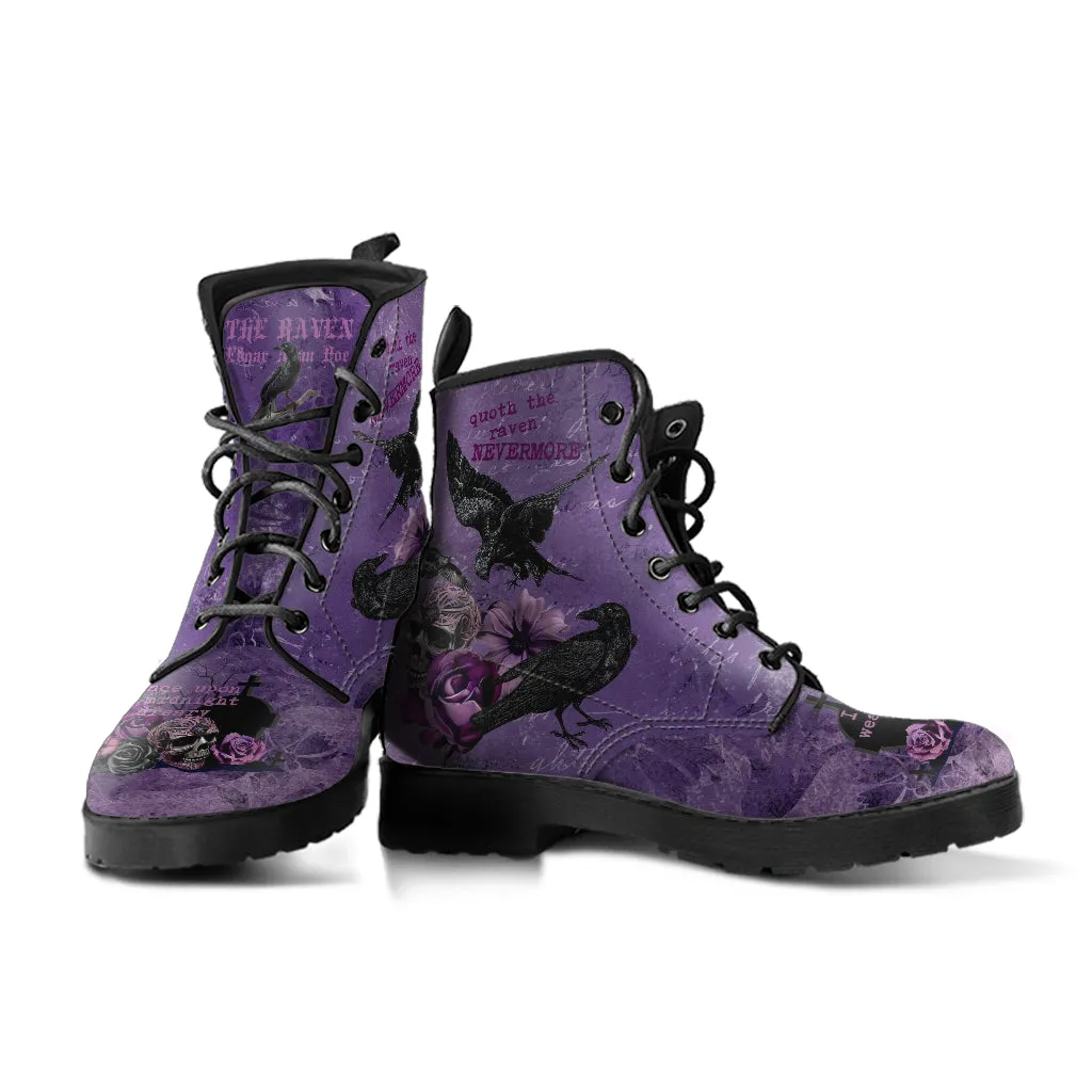 Purple Boots - Edgar Allan Poe Inspired #109 The Raven | Vegan Leather Handmade Lace Up, Custom Shoes Boho, Goth Combat Boots, Gothic Skull