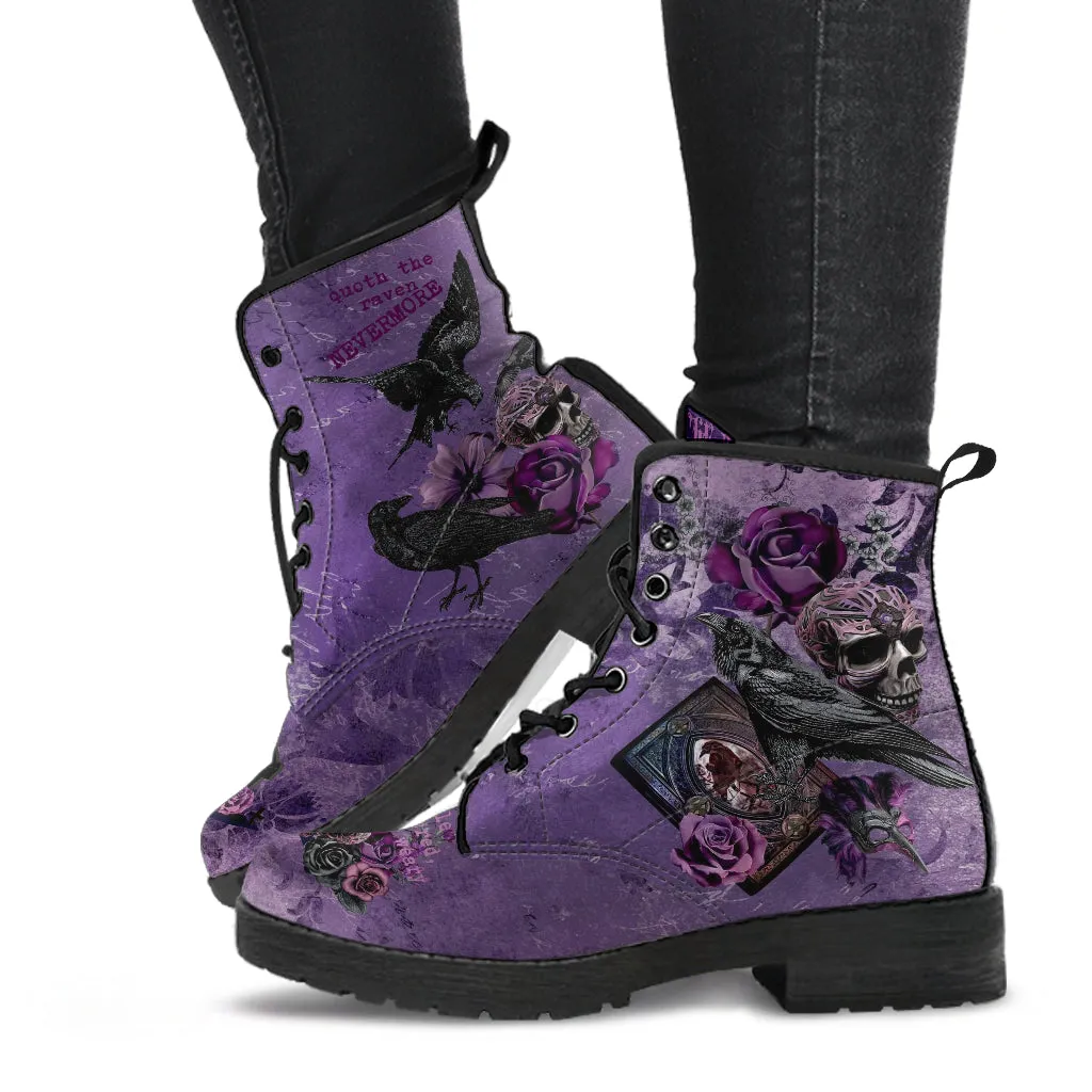Purple Boots - Edgar Allan Poe Inspired #109 The Raven | Vegan Leather Handmade Lace Up, Custom Shoes Boho, Goth Combat Boots, Gothic Skull