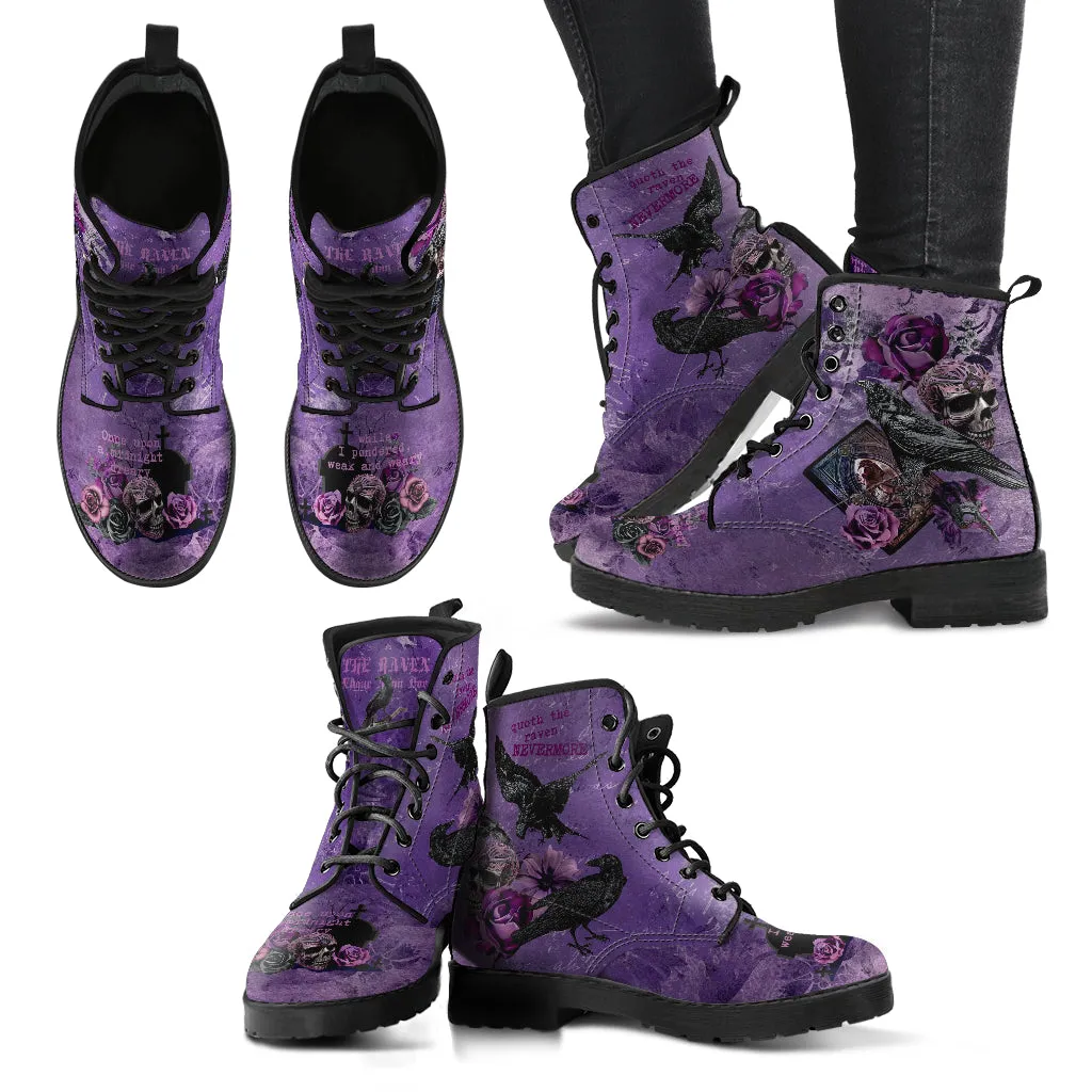 Purple Boots - Edgar Allan Poe Inspired #109 The Raven | Vegan Leather Handmade Lace Up, Custom Shoes Boho, Goth Combat Boots, Gothic Skull