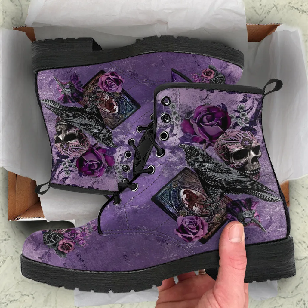 Purple Boots - Edgar Allan Poe Inspired #109 The Raven | Vegan Leather Handmade Lace Up, Custom Shoes Boho, Goth Combat Boots, Gothic Skull