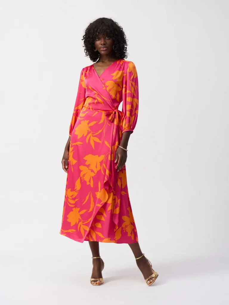 Satin Floral Print Wrap Dress