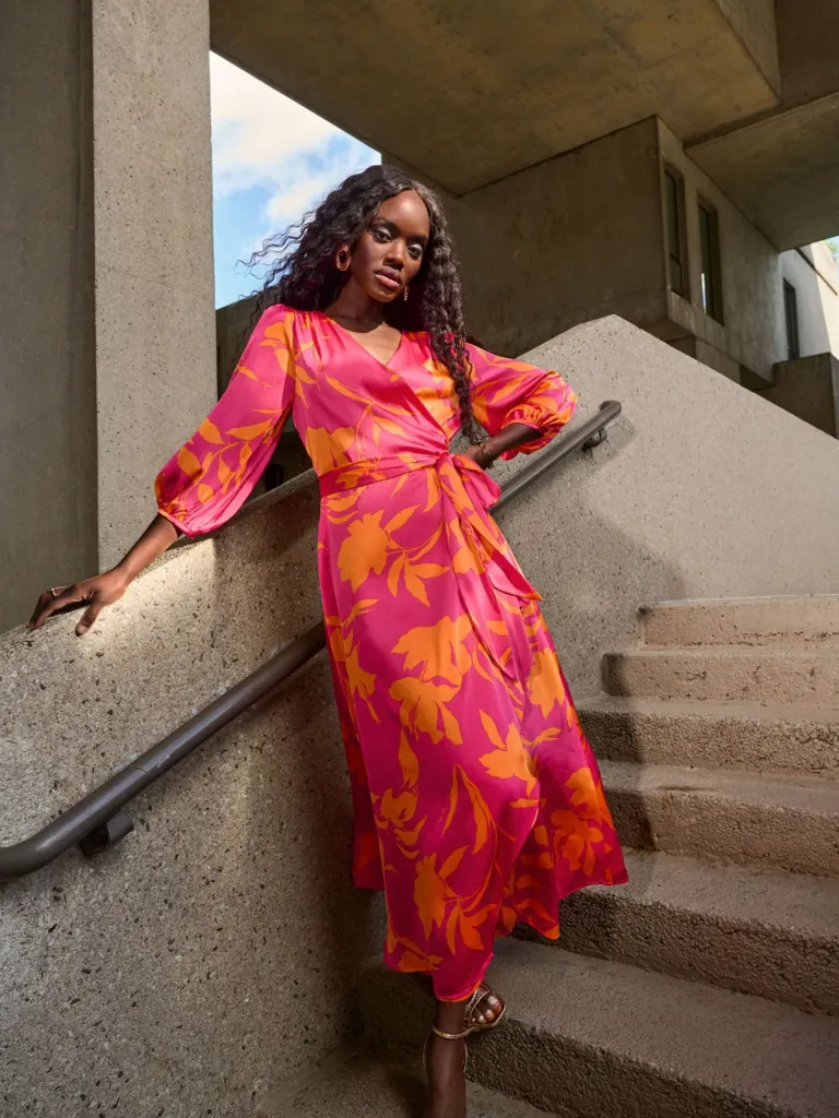 Satin Floral Print Wrap Dress