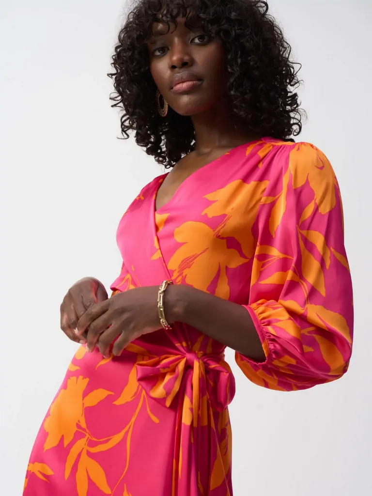 Satin Floral Print Wrap Dress