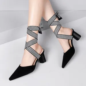 Suede Pointed Toe Strap Plaid Chunky Heel Sandals