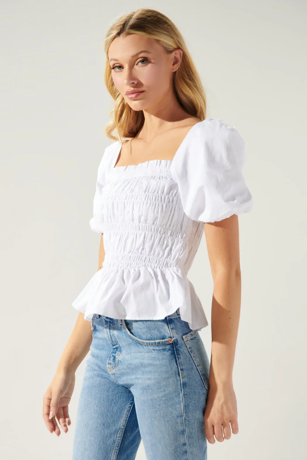 Sunny Stroll Smocked Puff Sleeve Peplum Top