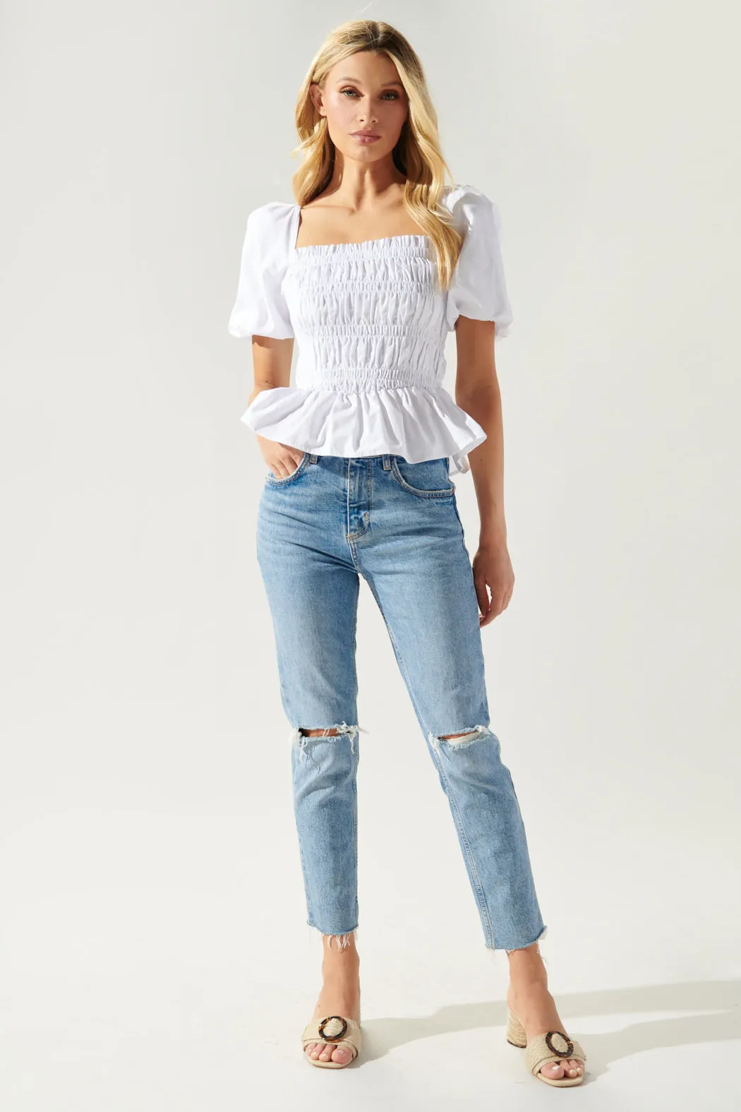Sunny Stroll Smocked Puff Sleeve Peplum Top