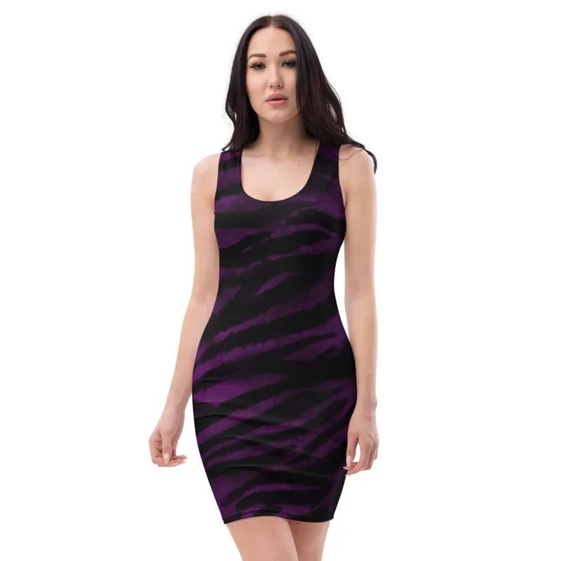Tiger Striped Animal Print Dress, Women's Sleeveless Royal Purple Tank Dress - Made in USA/EU