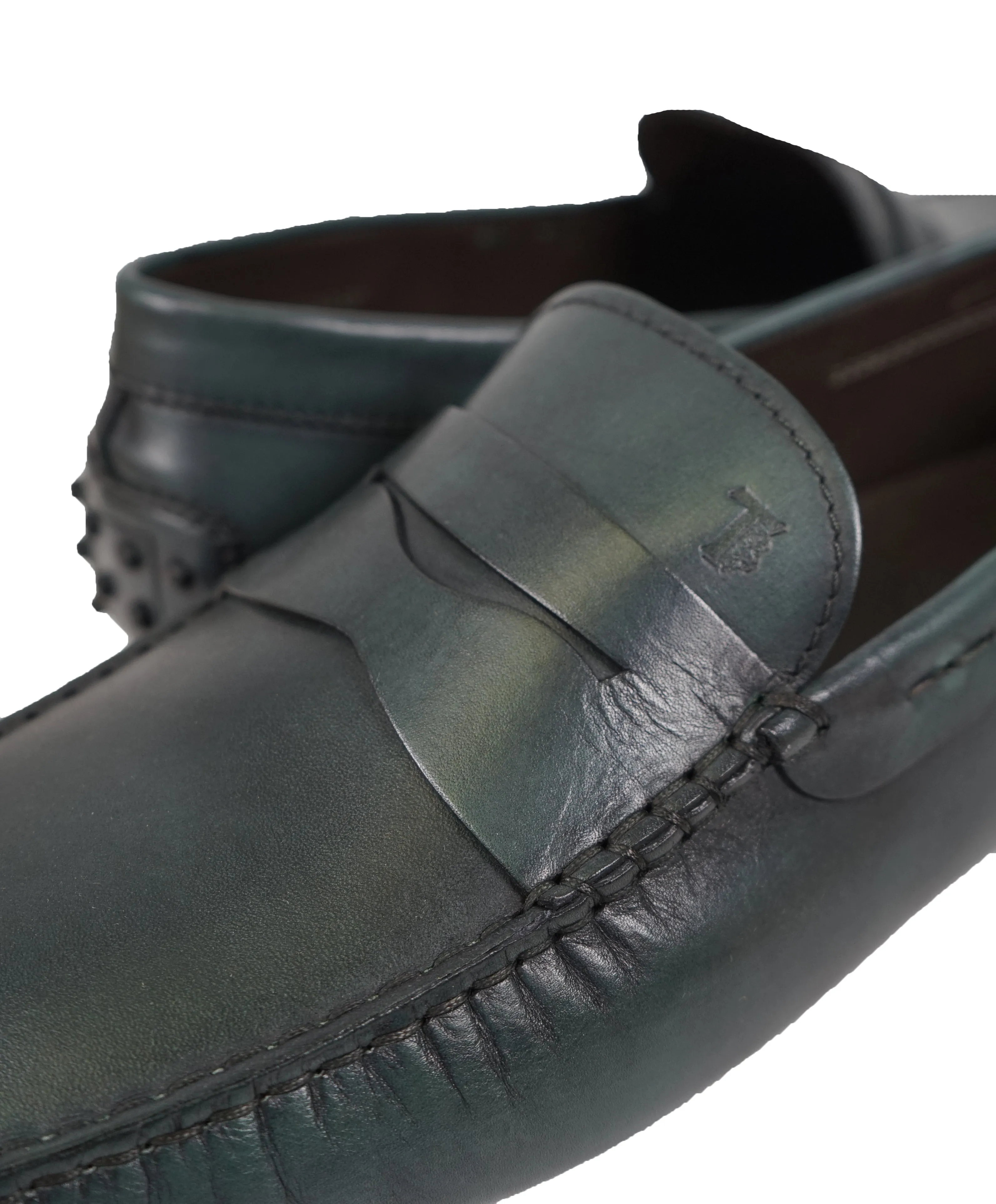 TOD’S - Green Patina Penny bit Logo Leather “Mocassino Gommini” Loafers- 12