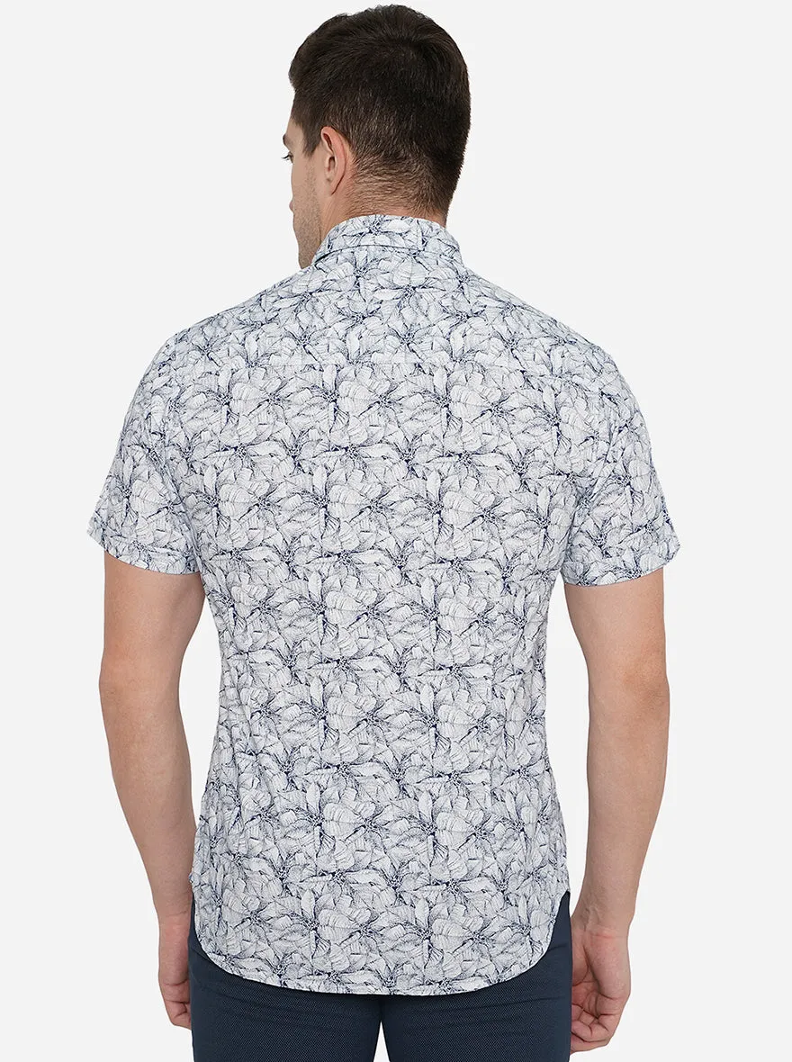White & Navy Blue Printed Slim Fit Semi Casual Shirt | Greenfibre