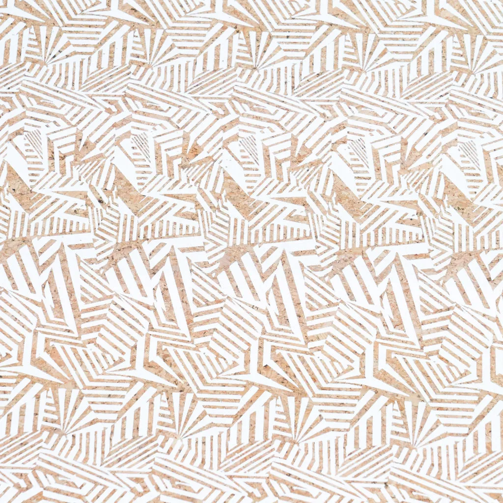White Geometric Diamond Print Cork Fabric with Beige Backing, 0.87mm Thickness COF-537