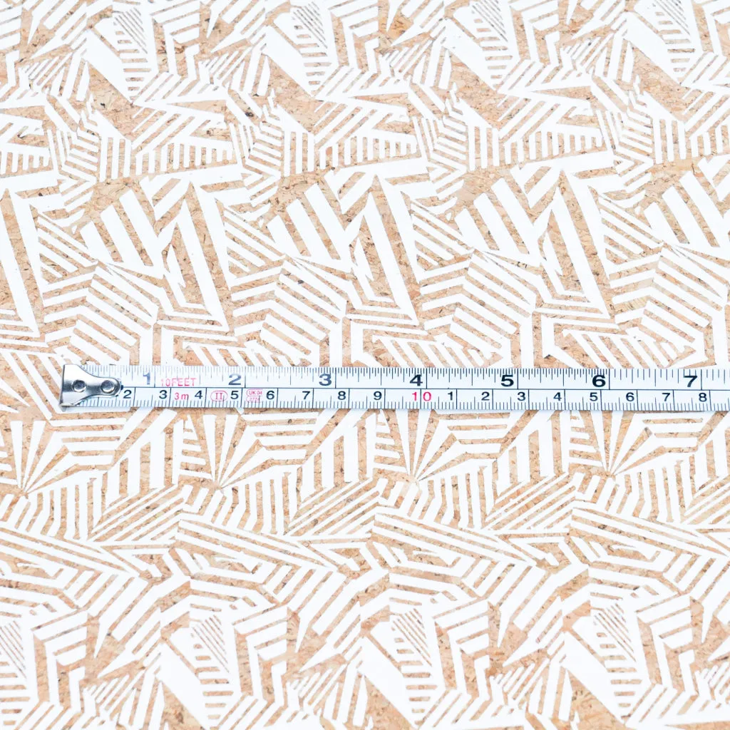 White Geometric Diamond Print Cork Fabric with Beige Backing, 0.87mm Thickness COF-537