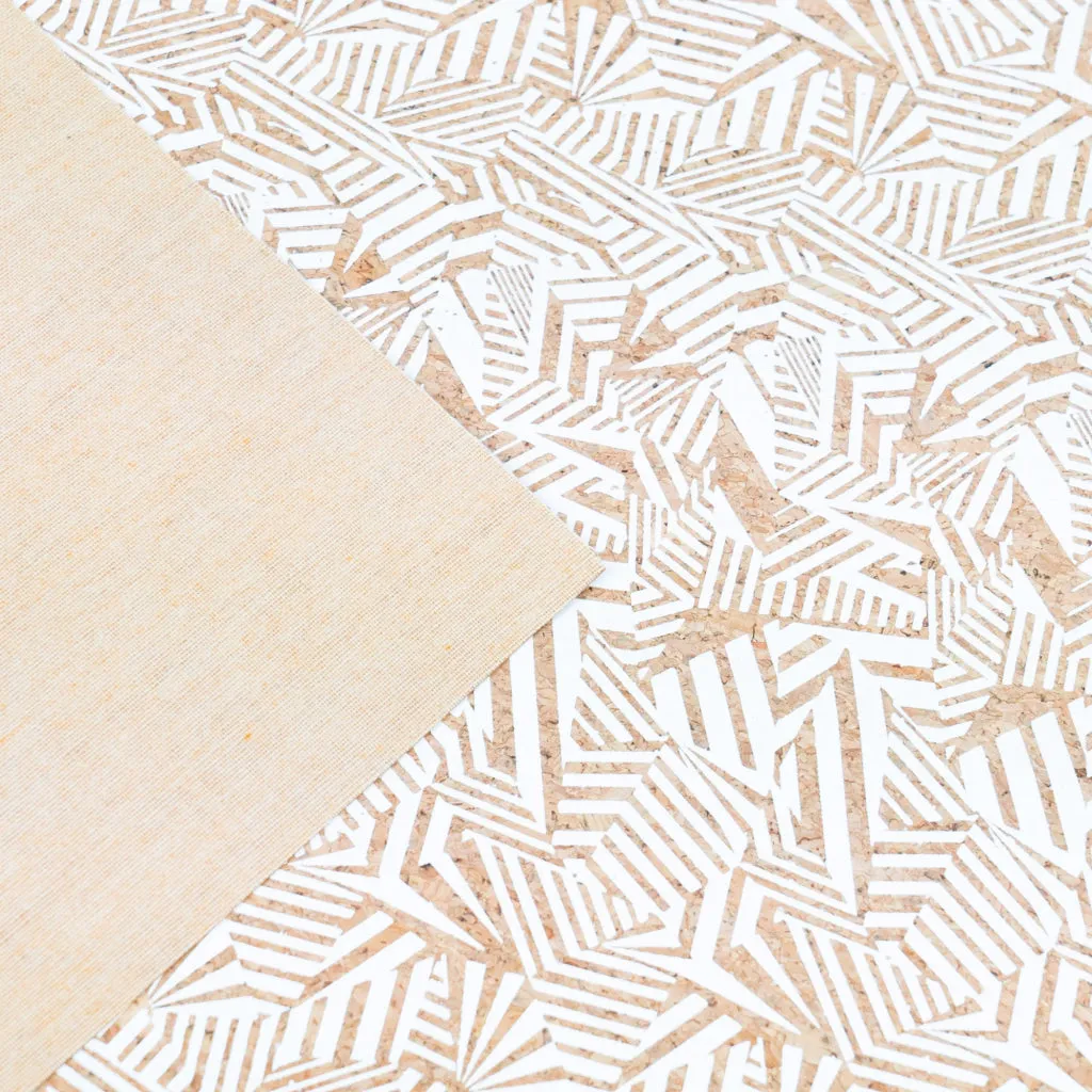 White Geometric Diamond Print Cork Fabric with Beige Backing, 0.87mm Thickness COF-537