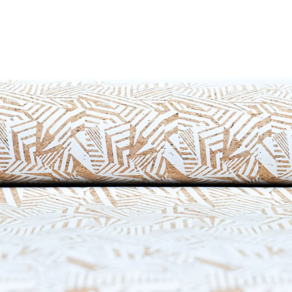 White Geometric Diamond Print Cork Fabric with Beige Backing, 0.87mm Thickness COF-537