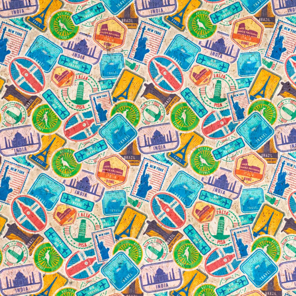 World Famous Landmarks Stamp and Passport Seal Pattern on Cork Fabric COF-502