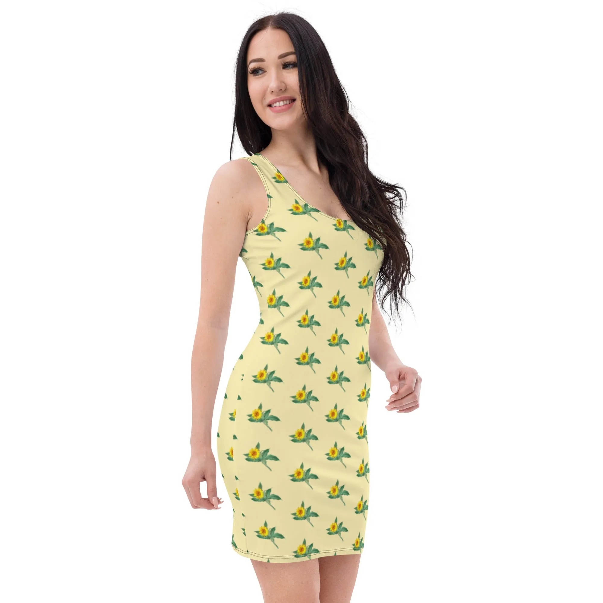Yellow Sunflower Floral Print Dress, Best Women's Designer 1-Piece Sleeveless Dress-Made in USA/EU/MX