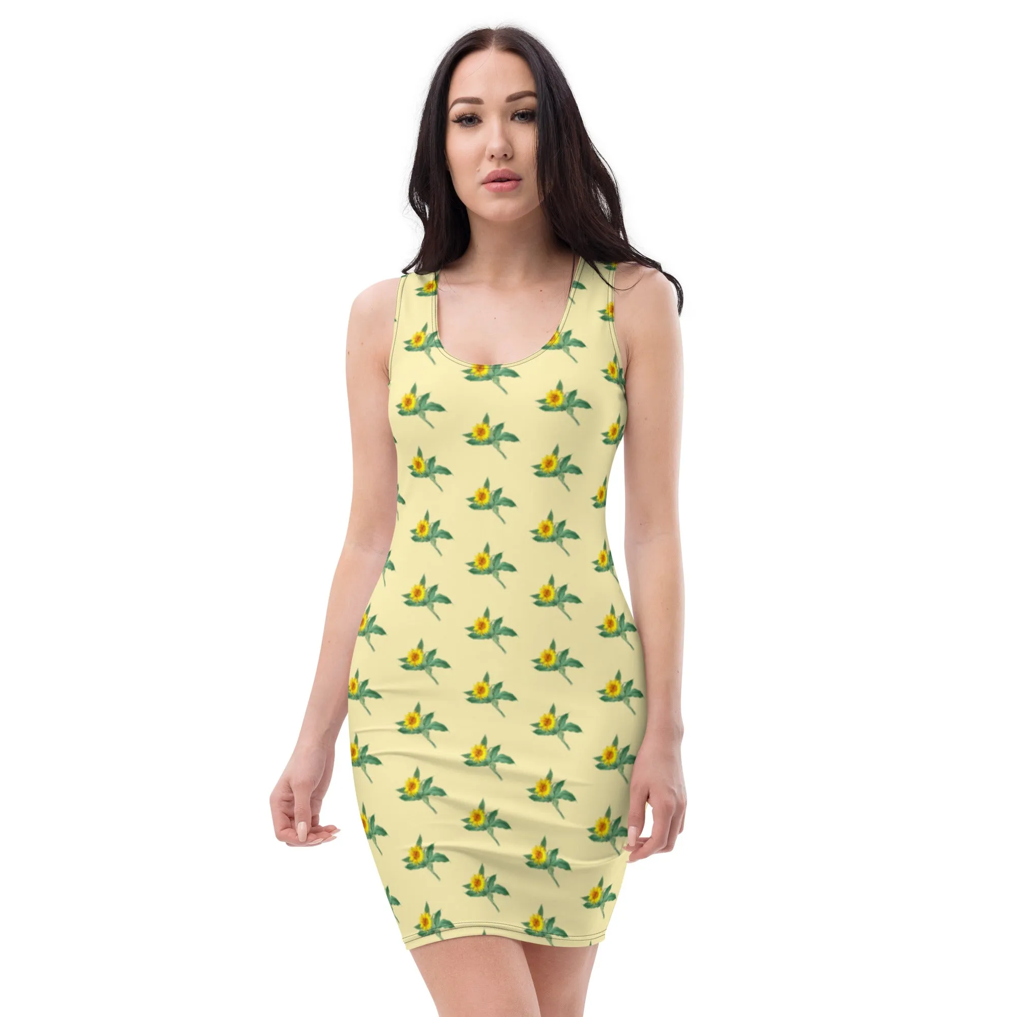 Yellow Sunflower Floral Print Dress, Best Women's Designer 1-Piece Sleeveless Dress-Made in USA/EU/MX